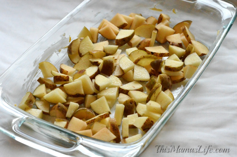 Diced potatoes in a glass dish
