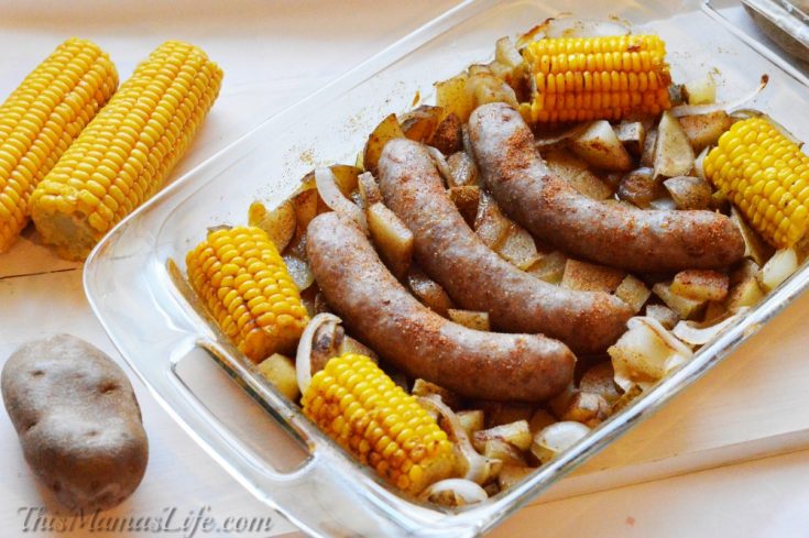 Brats with potatoes and corn
