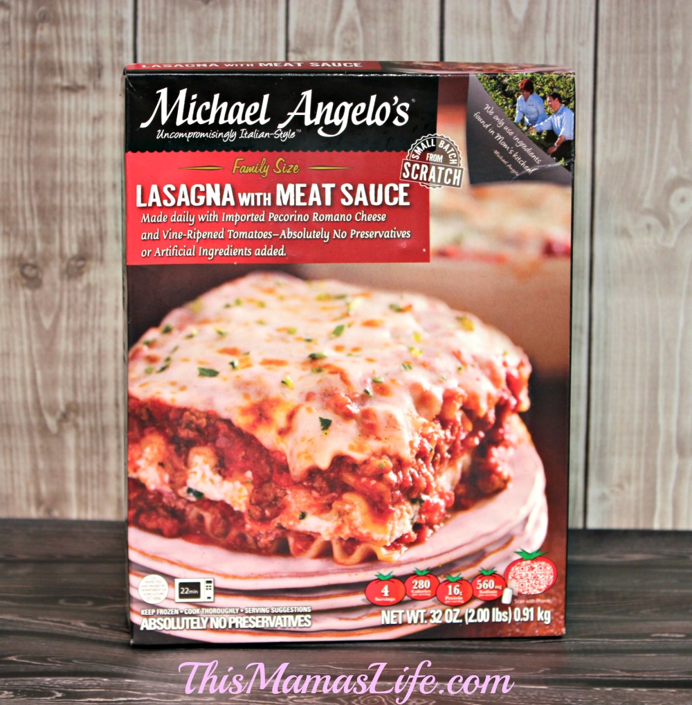 Michael Angelo’s Lasagna with Meat Sauce Made with fresh beef, vine-ripened tomatoes and fresh herbs that are sautéed and layered with firm 100% semolina lasagna and topped with imported Pecorino Romano cheese from the old country.