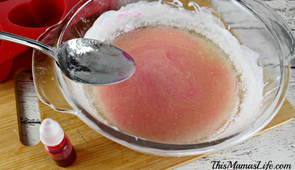 DIY “Bling” Soap Bars soap mixing in pink