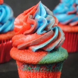Red and Blue Cupcakes on multi-colored batter